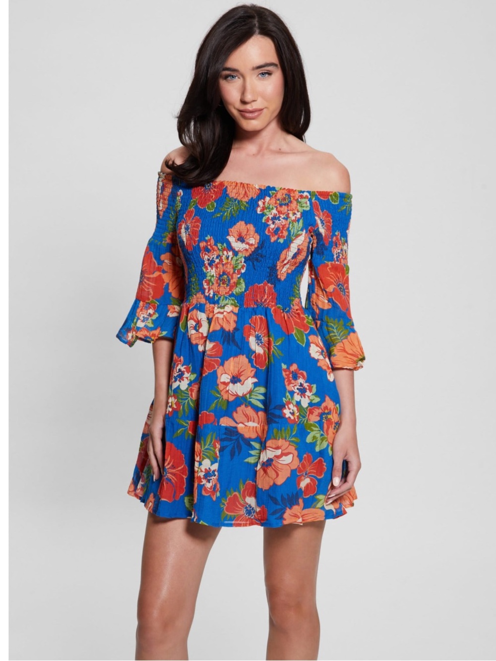 Guess Smocked Off The Shoulder Floral Mini Dress